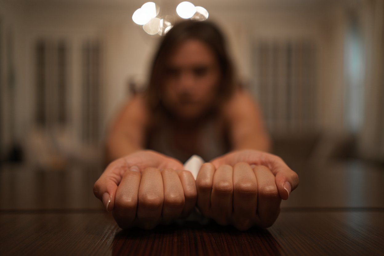 Девушка вытянула руки в кадр